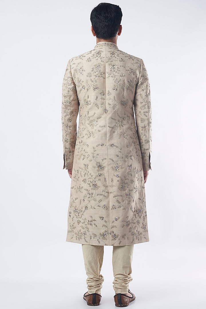 Beige Raw Silk Zardosi Hand Embroidered Groom Sherwani Set by JAYANTI REDDY MEN at Pernia's Pop Up Shop