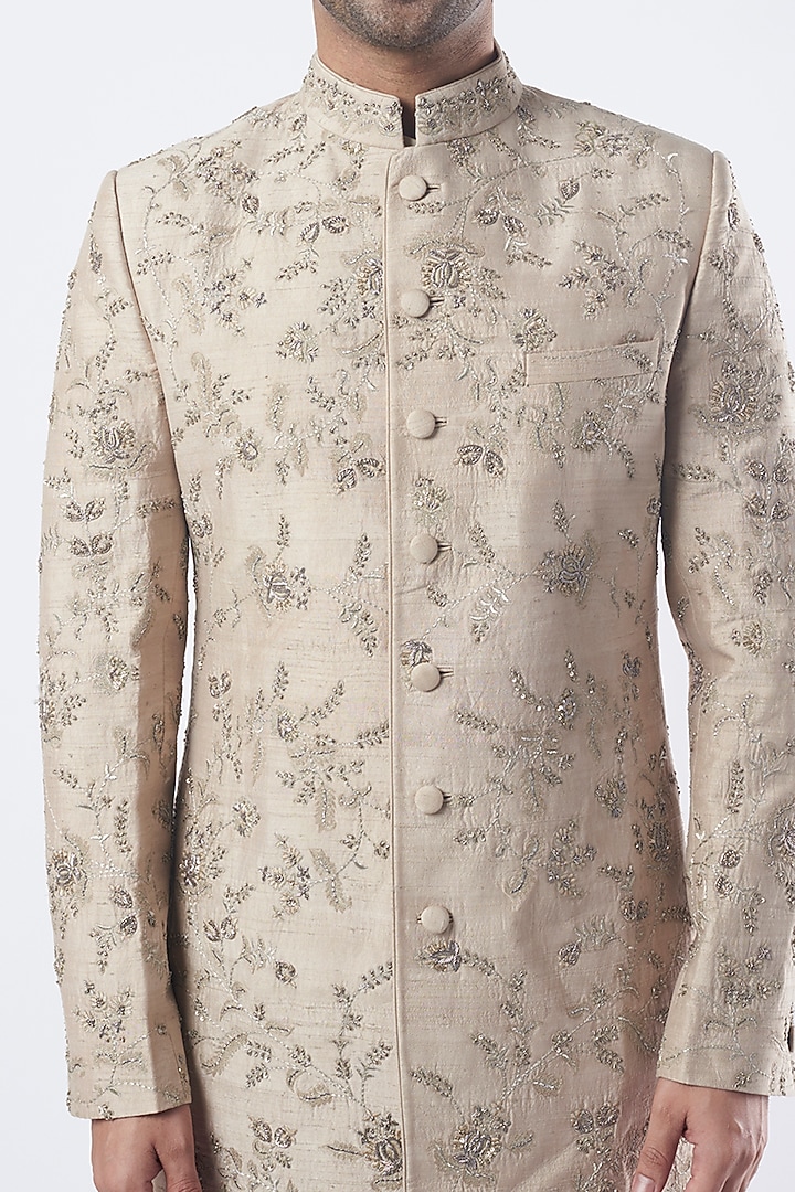 Beige Raw Silk Zardosi Hand Embroidered Groom Sherwani Set by JAYANTI REDDY MEN at Pernia's Pop Up Shop