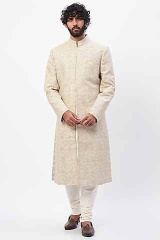 Beige Chikankari Sherwani Set by JAYANTI REDDY MEN
