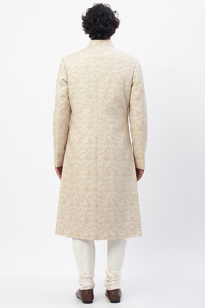 Beige Chikankari Groom Sherwani Set by JAYANTI REDDY MEN at Pernia's Pop Up Shop