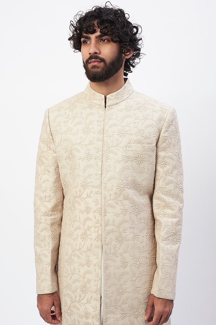 Beige Chikankari Groom Sherwani Set by JAYANTI REDDY MEN at Pernia's Pop Up Shop