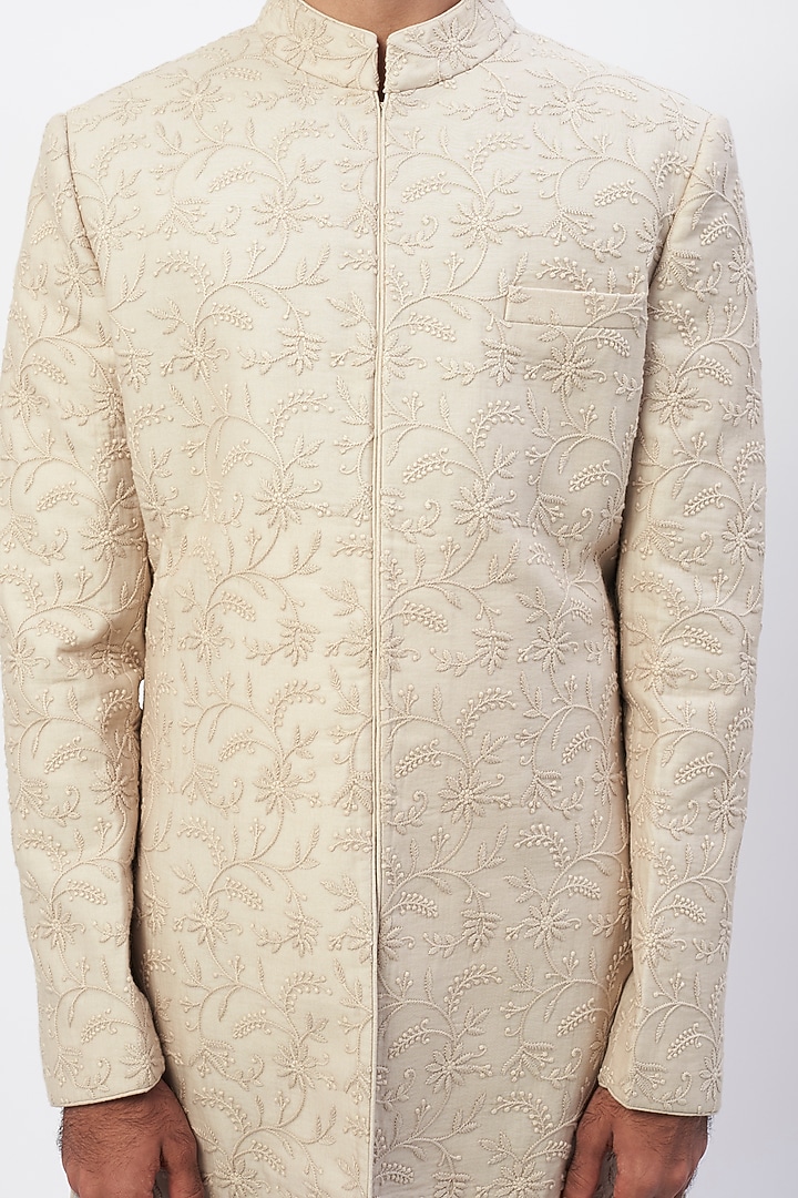 Beige Chikankari Groom Sherwani Set by JAYANTI REDDY MEN at Pernia's Pop Up Shop