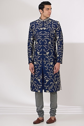 Navy Blue Silk Hand Embroidered Sherwani Set by JAYANTI REDDY MEN