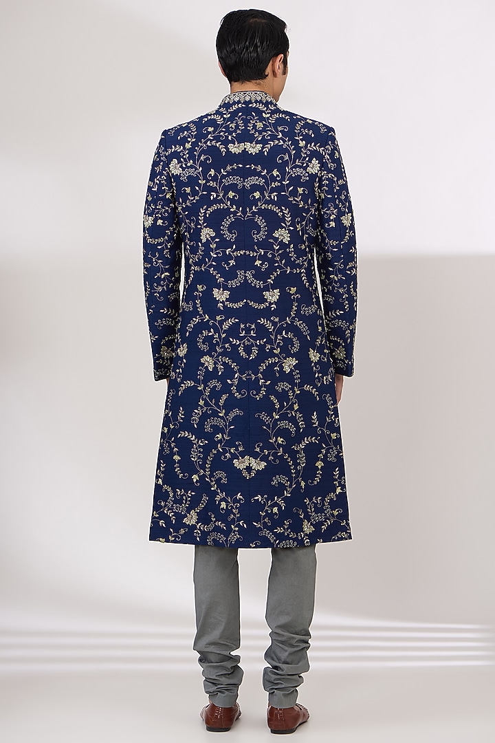 Navy Blue Silk Hand Embroidered Groom Sherwani Set by JAYANTI REDDY MEN at Pernia's Pop Up Shop