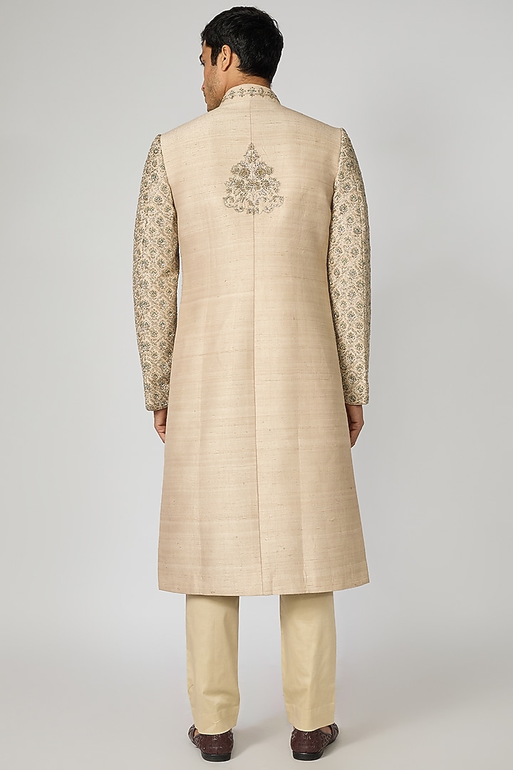 Beige Raw Silk Zardosi Embroidered Groom Sherwani Set by JAYANTI REDDY MEN at Pernia's Pop Up Shop