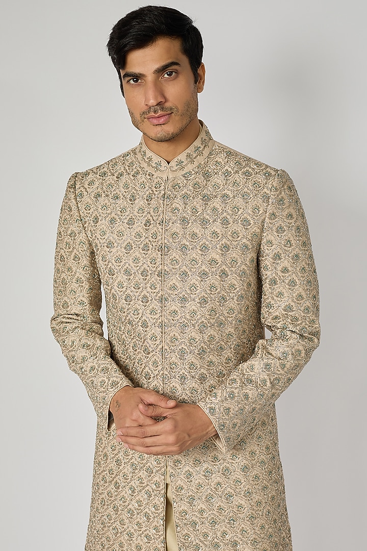 Beige Raw Silk Zardosi Embroidered Groom Sherwani Set by JAYANTI REDDY MEN at Pernia's Pop Up Shop