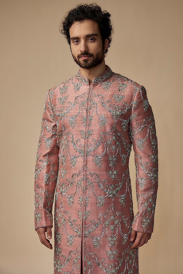 Peach Raw Silk Embroidered Groom Sherwani Set by JAYANTI REDDY MEN at Pernia's Pop Up Shop