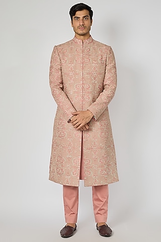 Peach Raw Silk Thread Embroidered Sherwani Set by JAYANTI REDDY MEN