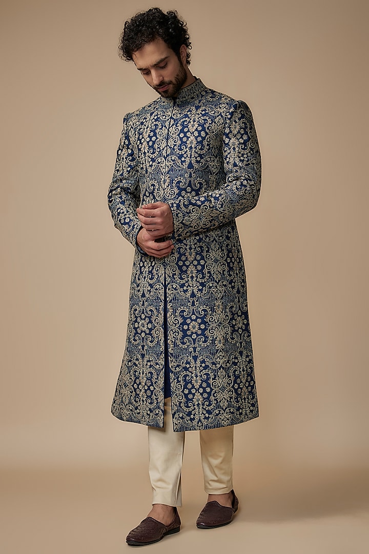 Blue Raw Silk Embroidered Sherwani Set by JAYANTI REDDY MEN