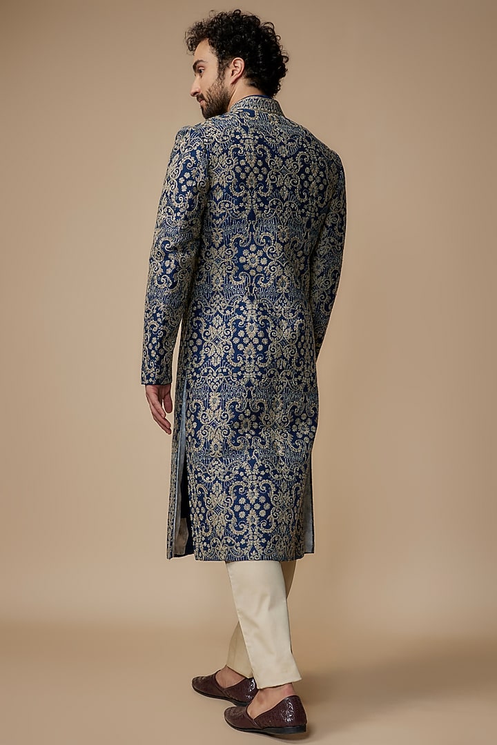 Blue Raw Silk Embroidered Groom Sherwani Set by JAYANTI REDDY MEN at Pernia's Pop Up Shop