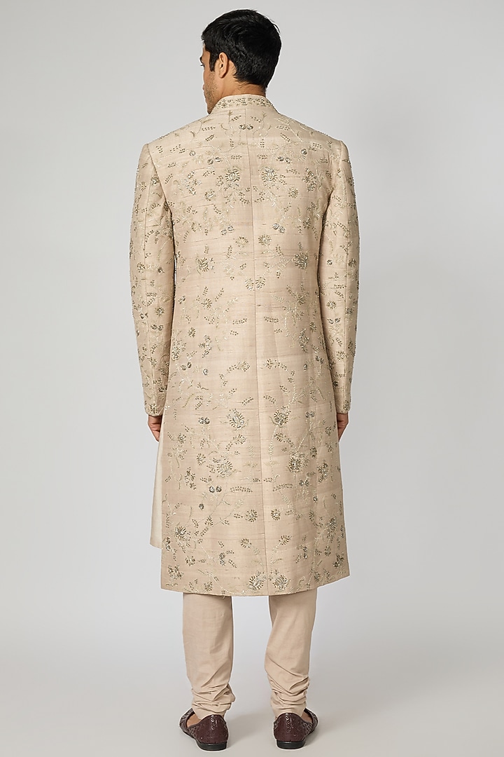 Beige Raw Silk Zardosi Embroidered Groom Sherwani Set by JAYANTI REDDY MEN at Pernia's Pop Up Shop