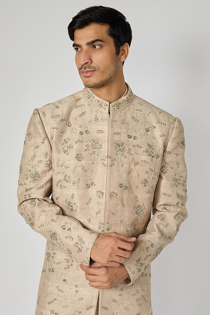 Beige Raw Silk Zardosi Embroidered Groom Sherwani Set by JAYANTI REDDY MEN at Pernia's Pop Up Shop