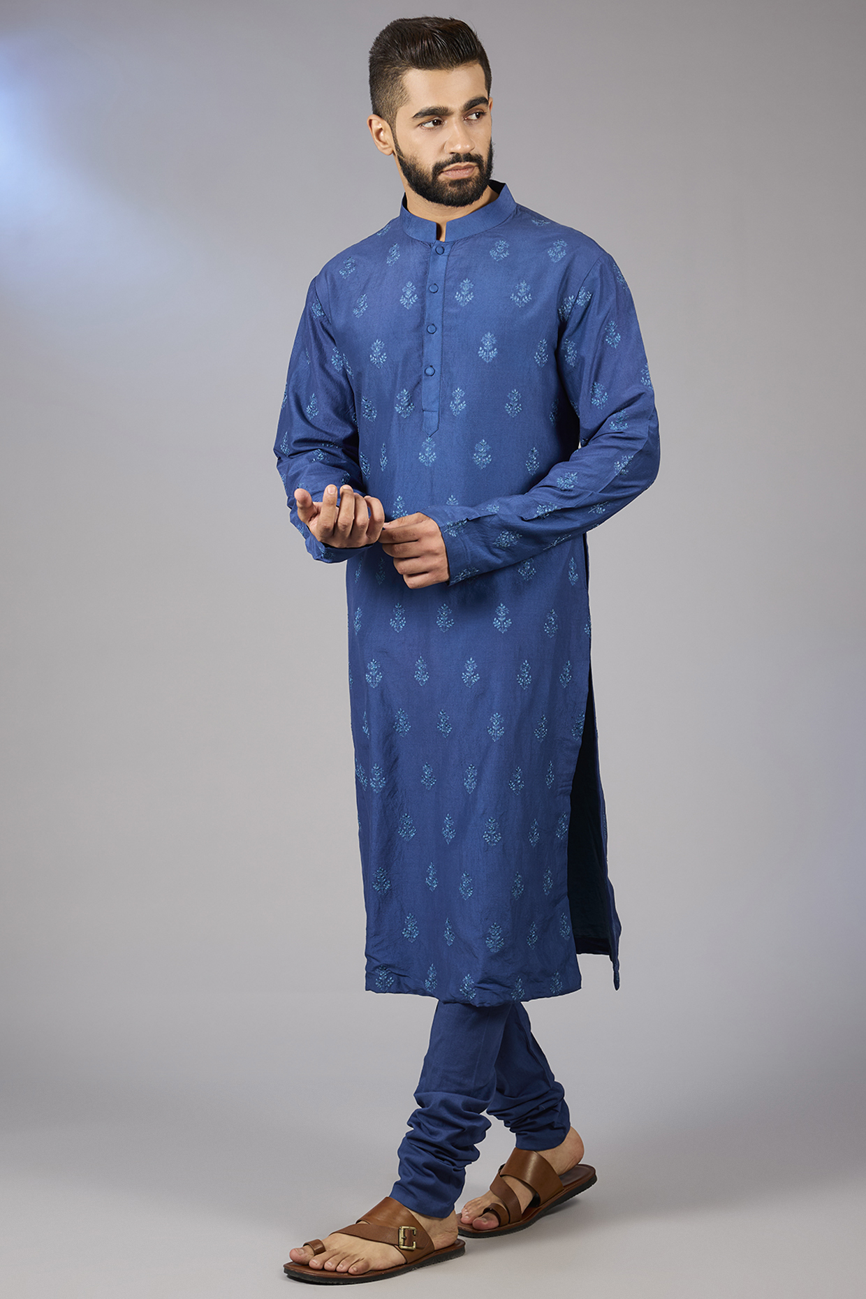 Navy Blue Silk Thread Work Kurta Set by JAYANTI REDDY MEN