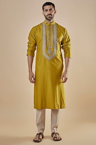 Yellow Silk Embroidered Kurta Set by JAYANTI REDDY MEN