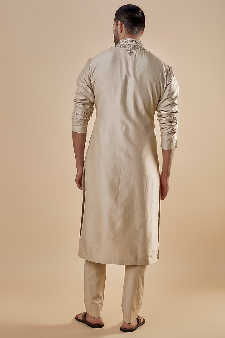 Beige Silk Embroidered Kurta Set by JAYANTI REDDY MEN at Pernia's Pop Up Shop