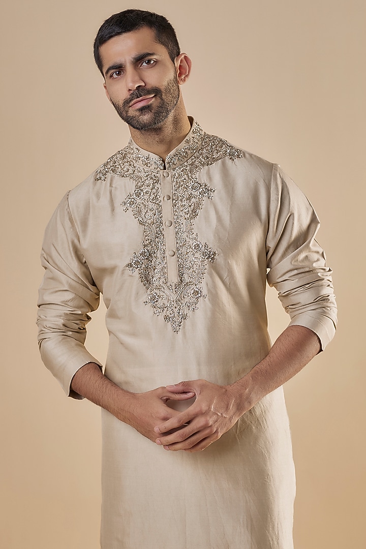 Beige Silk Embroidered Kurta Set by JAYANTI REDDY MEN at Pernia's Pop Up Shop