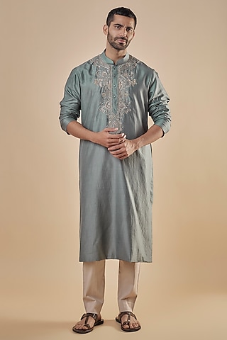 Grey Silk Embroidered Kurta Set by JAYANTI REDDY MEN