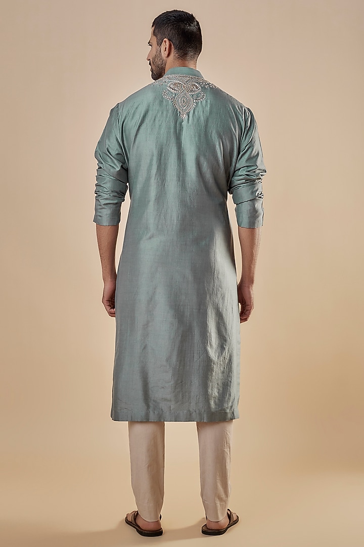 Grey Silk Embroidered Kurta Set by JAYANTI REDDY MEN at Pernia's Pop Up Shop