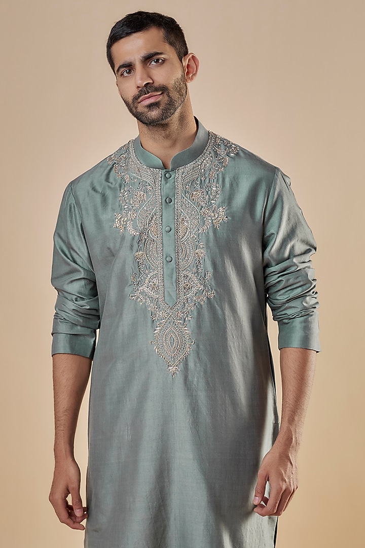 Grey Silk Embroidered Kurta Set by JAYANTI REDDY MEN at Pernia's Pop Up Shop