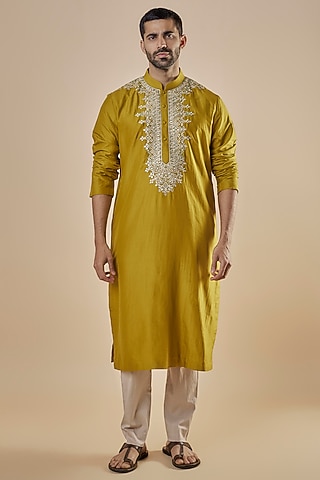Yellow Silk Embroidered Kurta Set by JAYANTI REDDY MEN