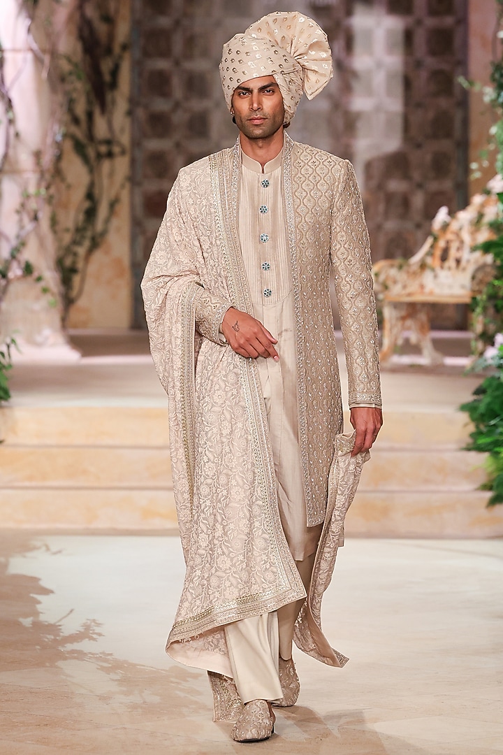Beige Raw Silk Hand Embroidered Groom Sherwani Set by JAYANTI REDDY MEN at Pernia's Pop Up Shop