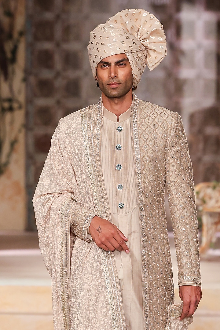 Beige Raw Silk Hand Embroidered Groom Sherwani Set by JAYANTI REDDY MEN at Pernia's Pop Up Shop