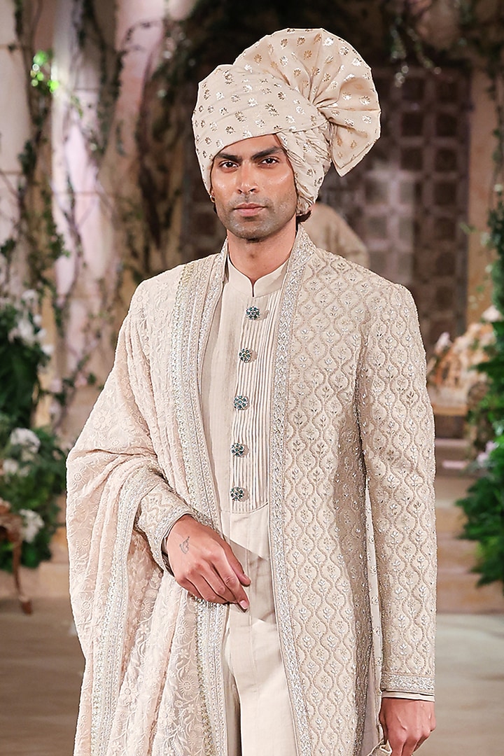 Beige Raw Silk Hand Embroidered Groom Sherwani Set by JAYANTI REDDY MEN at Pernia's Pop Up Shop