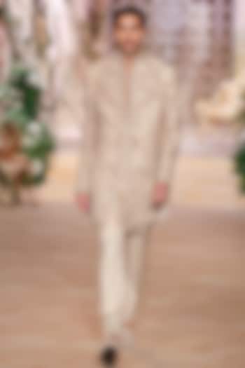 Beige Raw Silk Hand Embroidered Groom Sherwani Set by JAYANTI REDDY MEN at Pernia's Pop Up Shop