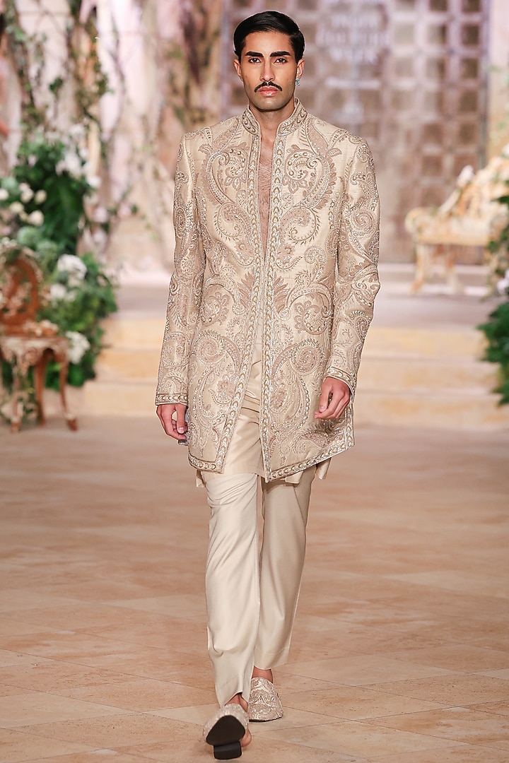 Beige Raw Silk Hand Embroidered Groom Sherwani Set by JAYANTI REDDY MEN at Pernia's Pop Up Shop