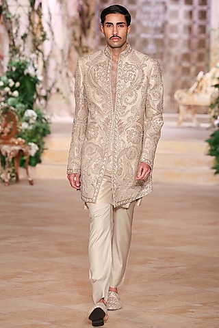 Beige Raw Silk Hand Embroidered Sherwani Set by JAYANTI REDDY MEN