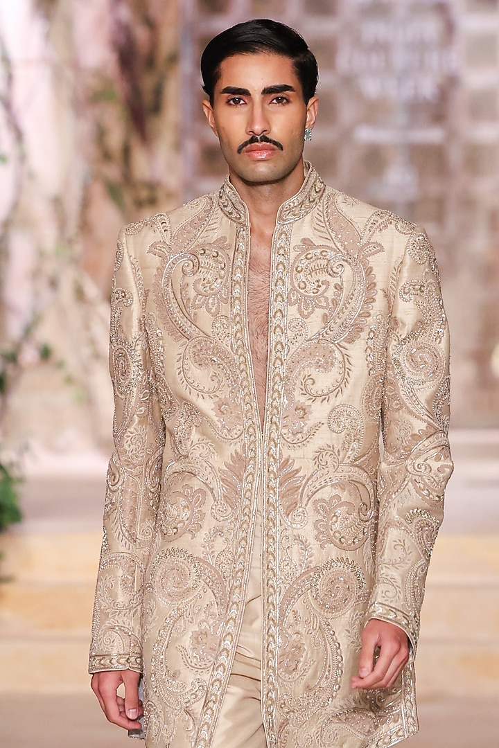 Beige Raw Silk Hand Embroidered Groom Sherwani Set by JAYANTI REDDY MEN at Pernia's Pop Up Shop