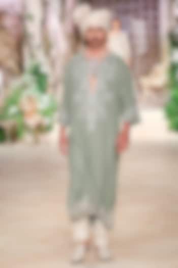 Mint Green Silk Hand Embroidered Kurta Set by JAYANTI REDDY MEN at Pernia's Pop Up Shop