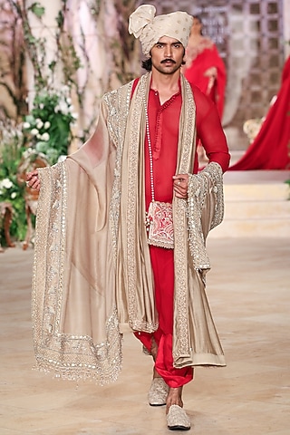 Red Georgette Zardosi Hand Embroidered Kurta Set by JAYANTI REDDY MEN
