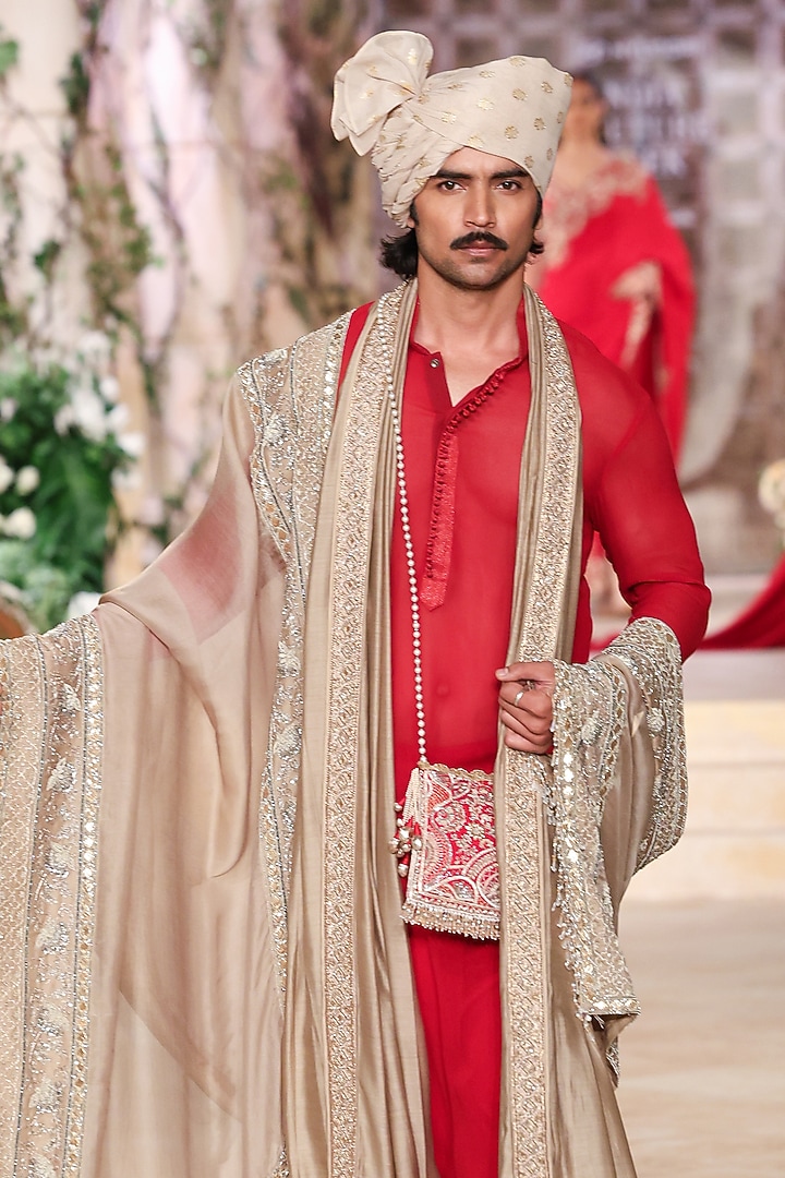 Red Georgette Zardosi Hand Embroidered Kurta Set by JAYANTI REDDY MEN at Pernia's Pop Up Shop