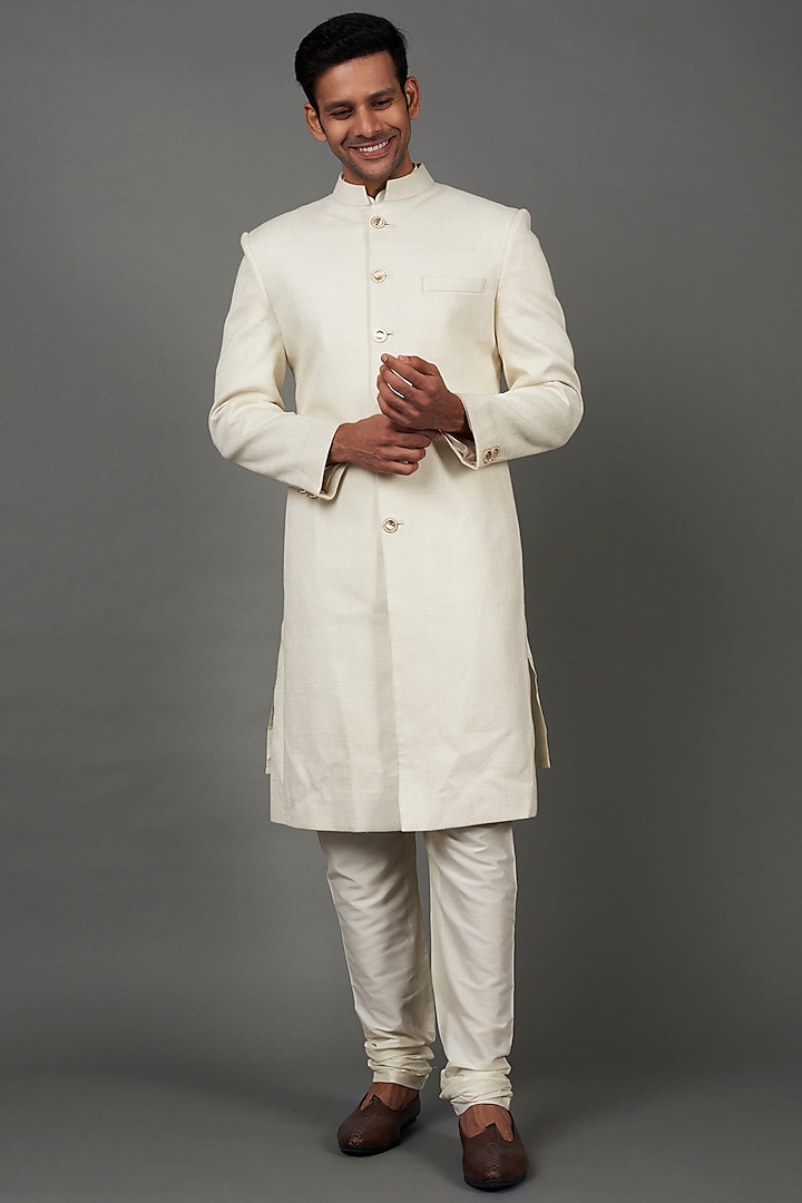 Ivory Striped Silk Sherwani Set by Jayesh and Kaajal Shah