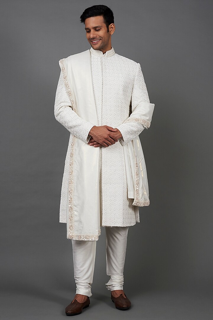 Ivory Lucknowi Silk Embroidered Sherwani Set by Jayesh and Kaajal Shah