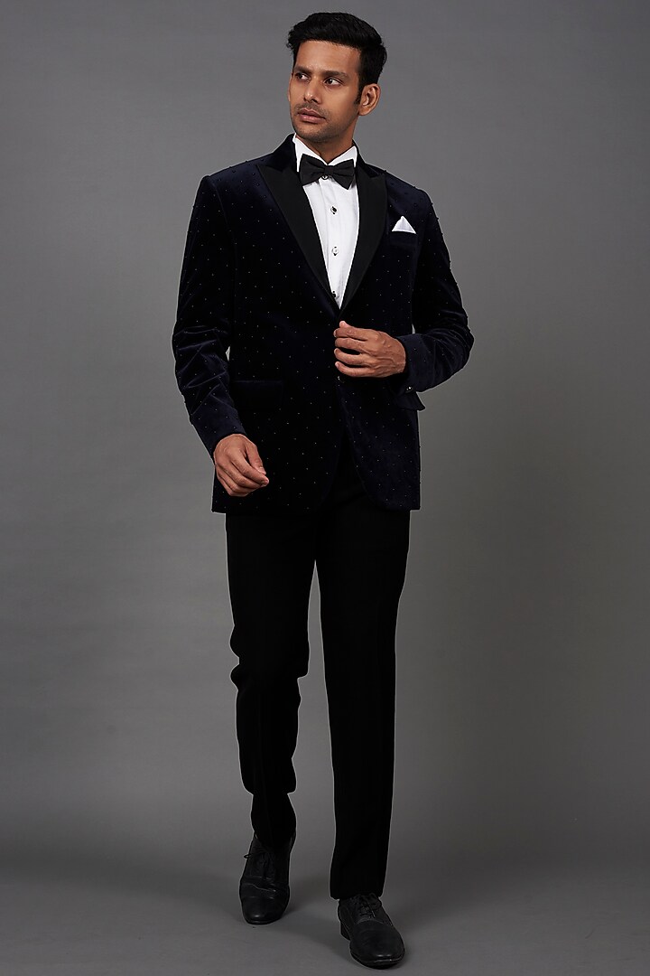 Blue Velvet Tuxedo Set by Jayesh and Kaajal Shah