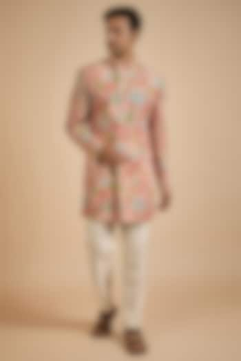 Peach Raw Silk Digital Printed Indo Western Jacket by Jayesh and Kaajal Shah