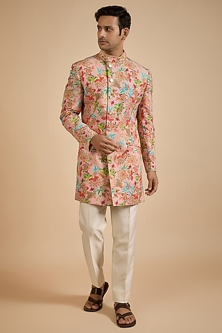 Peach Raw Silk Digital Printed Indo Western Jacket by Jayesh and Kaajal Shah Men