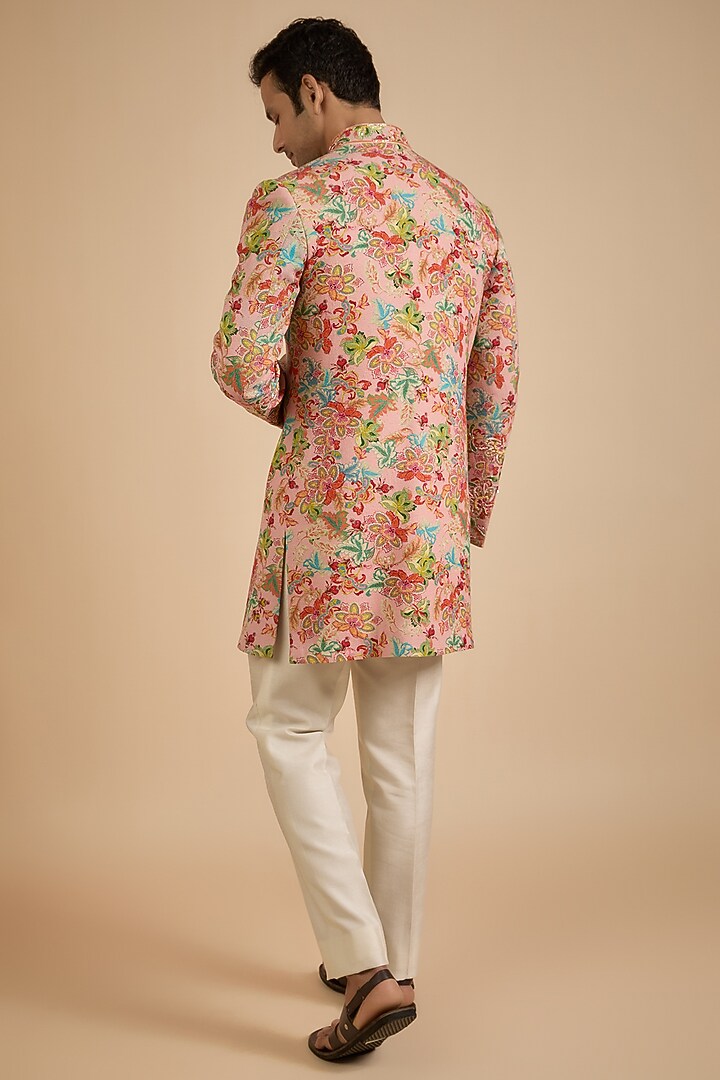 Peach Raw Silk Digital Printed Indo Western Jacket by Jayesh and Kaajal Shah Men at Pernia's Pop Up Shop