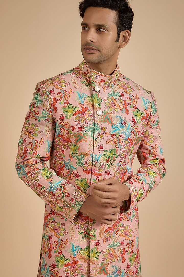 Peach Raw Silk Digital Printed Indo Western Jacket by Jayesh and Kaajal Shah Men at Pernia's Pop Up Shop