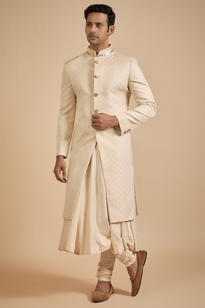 Ivory Lucknowi Sherwani Set by Jayesh and Kaajal Shah