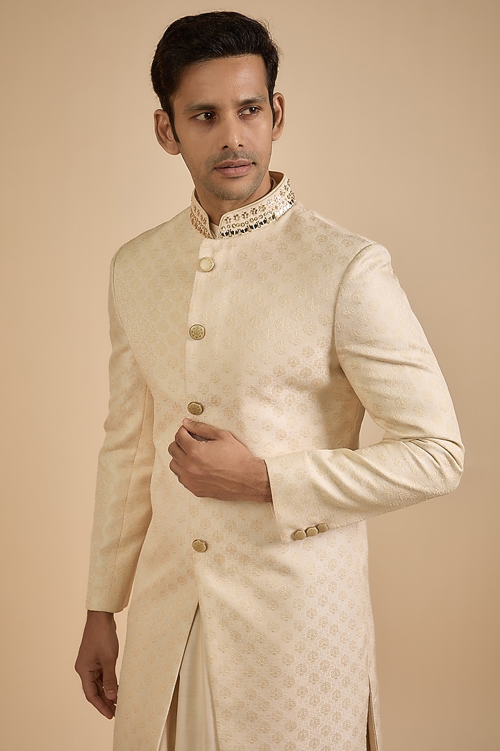 Ivory Lucknowi Wedding Sherwani Set by Jayesh and Kaajal Shah Men at Pernia's Pop Up Shop