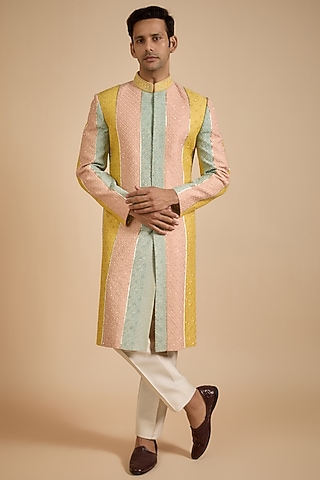 Multi-Colored Lucknowi Fabric Sherwani by Jayesh and Kaajal Shah Men