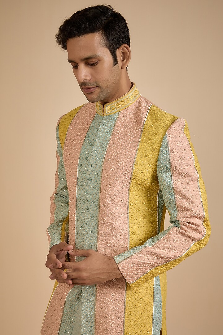 Multi-Colored Lucknowi Fabric Groom Sherwani by Jayesh and Kaajal Shah Men at Pernia's Pop Up Shop