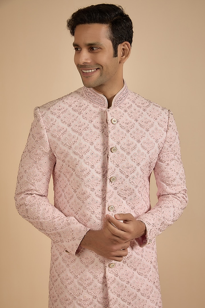 Peach Lucknowi Groom Sherwani by Jayesh and Kaajal Shah Men at Pernia's Pop Up Shop