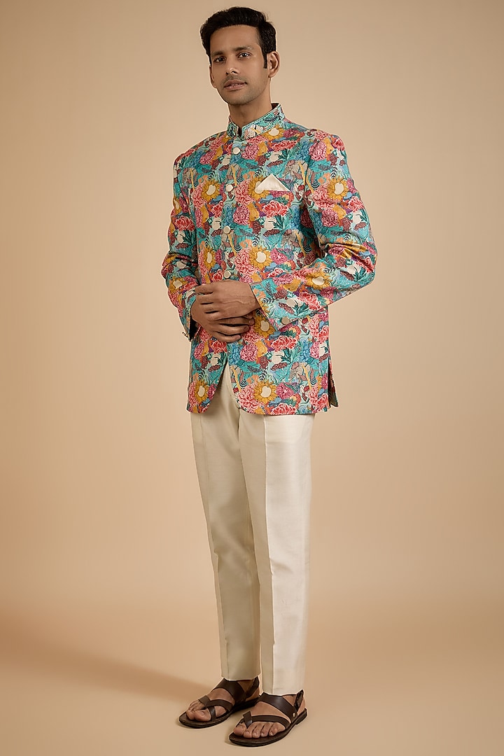 Multi-Colored Raw Silk Printed Jodhpuri Jacket by Jayesh and Kaajal Shah