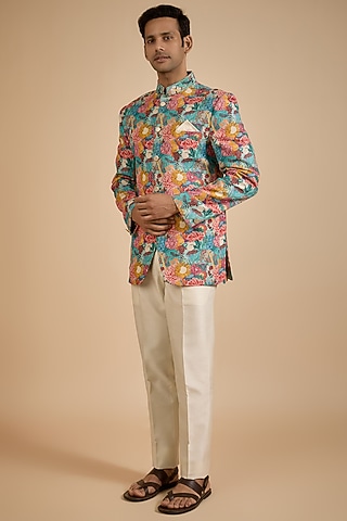 Multi-Colored Raw Silk Printed Jodhpuri Jacket by Jayesh and Kaajal Shah Men