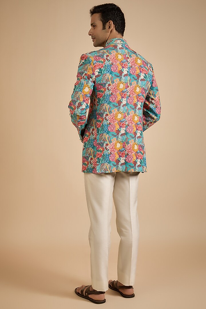 Multi-Colored Raw Silk Printed Jodhpuri Jacket by Jayesh and Kaajal Shah Men at Pernia's Pop Up Shop