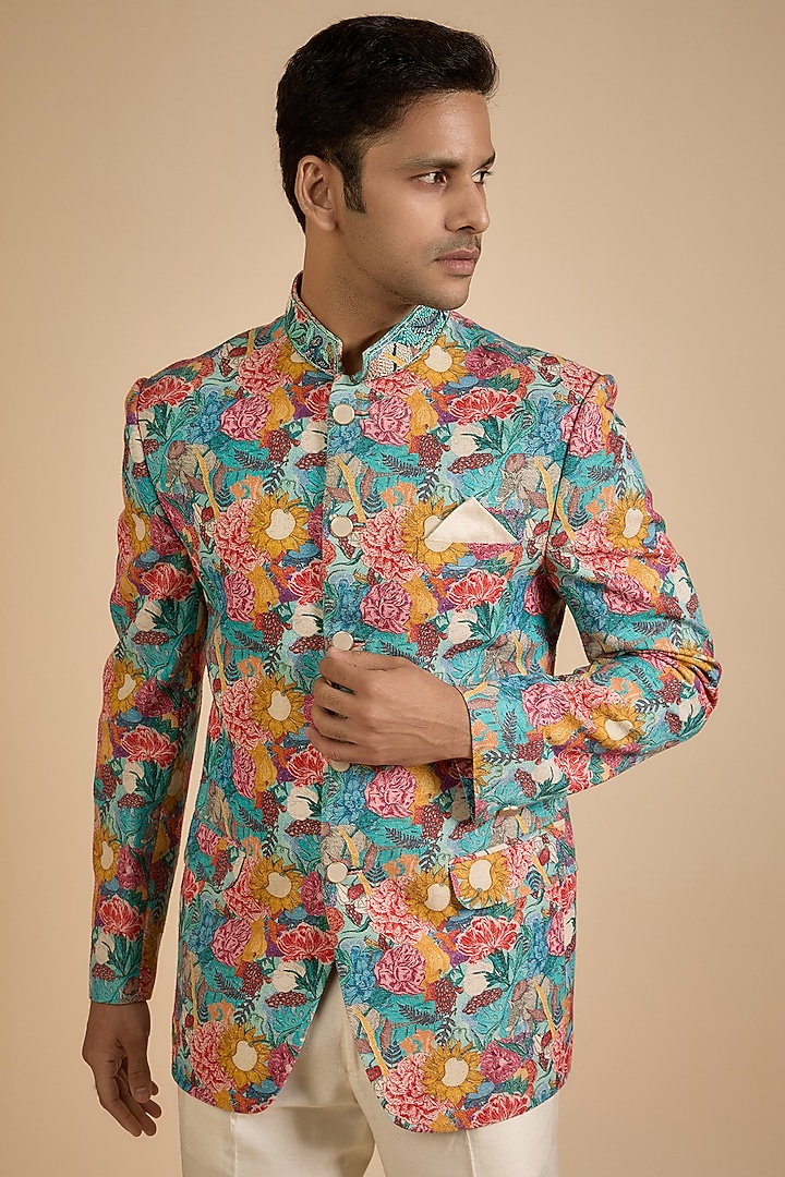 Multi-Colored Raw Silk Printed Jodhpuri Jacket by Jayesh and Kaajal Shah Men at Pernia's Pop Up Shop